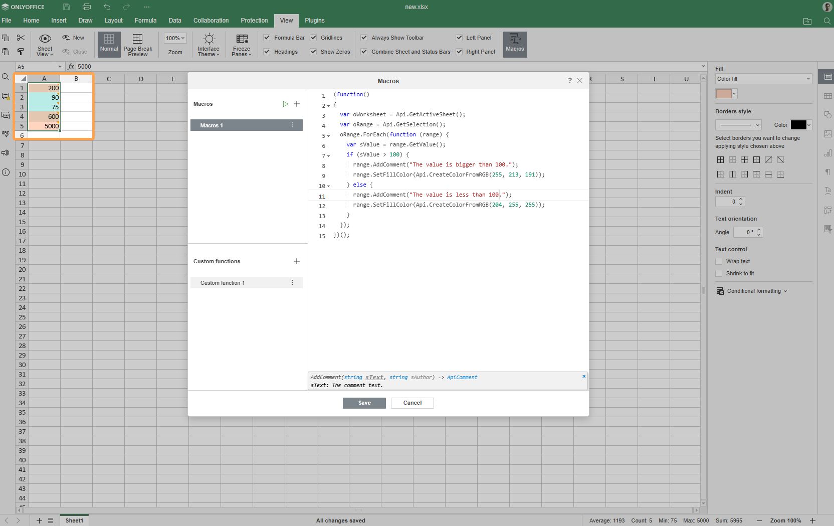 Add comments and change cell colors in spreadsheet