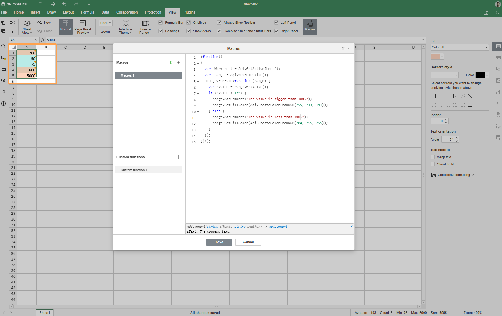 Add comments and change cell colors in spreadsheet