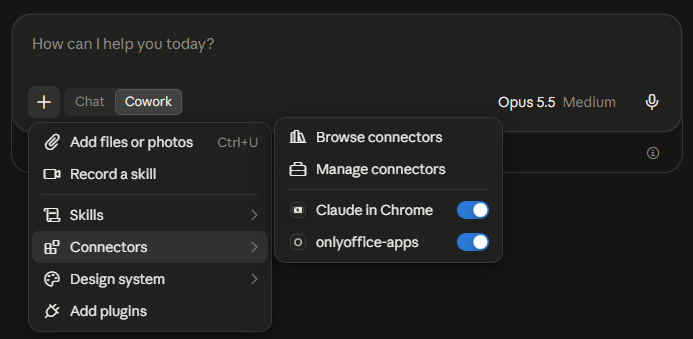 This image confirms a successful client-ONLYOFFICE Apps MCP server connection