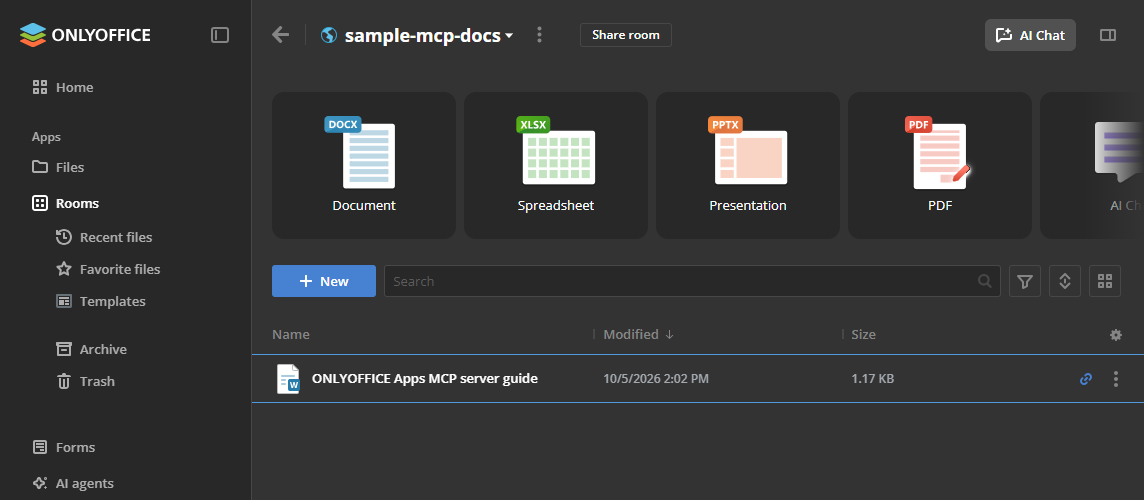 This image shows the new document visible inside the new room in ONLYOFFICE Apps