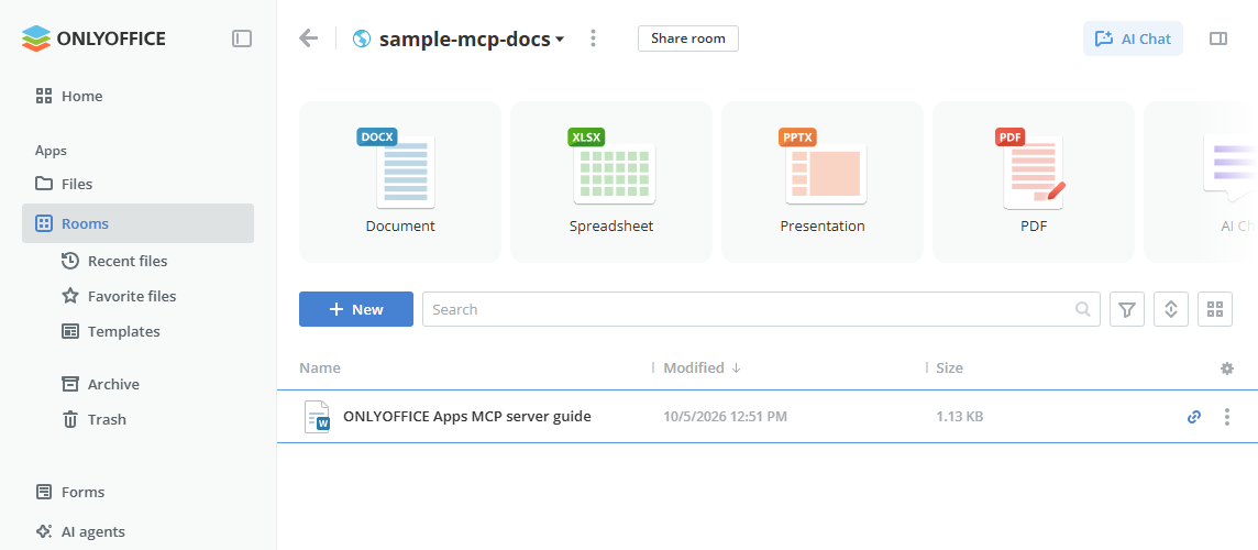 This image shows the new document visible inside the new room in ONLYOFFICE Apps