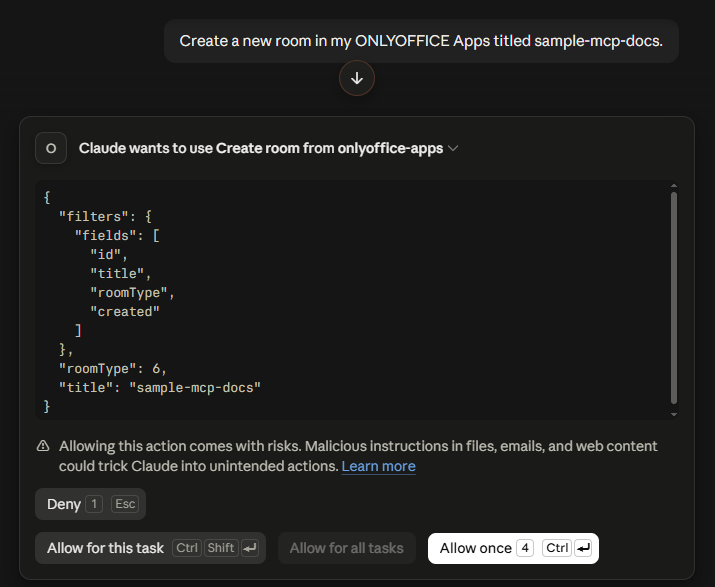 This image shows the command to create a room
