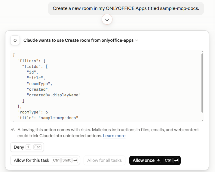 This image shows the command to create a room