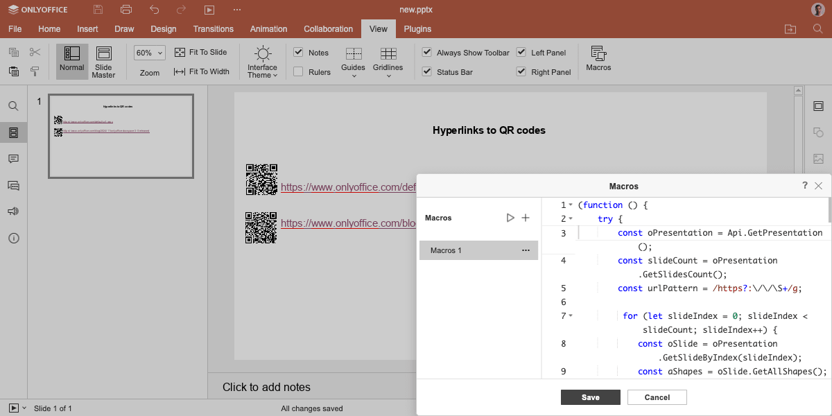 Hyperlinks to QR codes